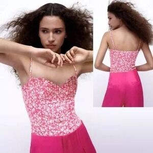 NWT! Zara Floral Corset Bodysuit‎ Pink White S Fashion Cute Barbie